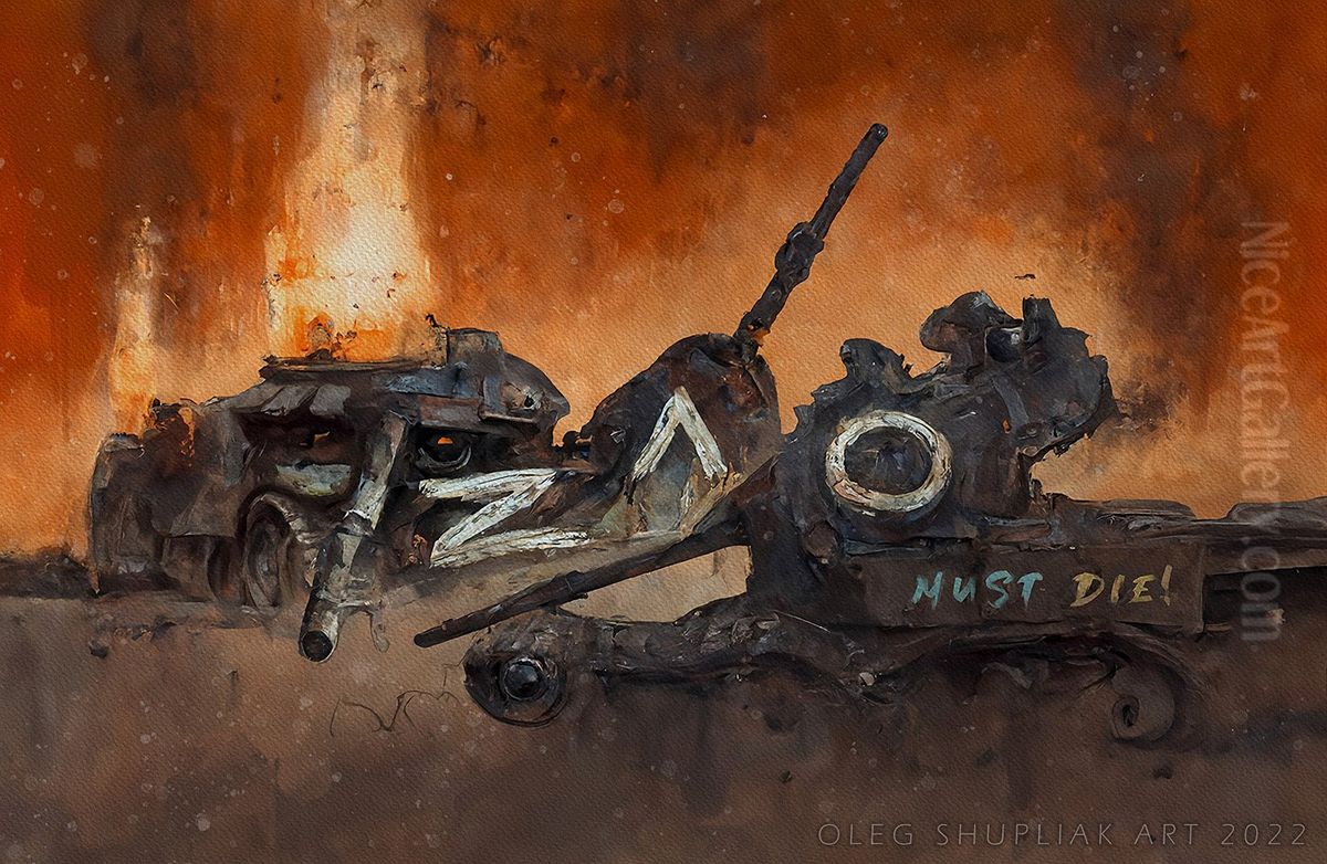 Allegory of evil and destroyed Russian military equipment marked <<Z>>, inverted <<V>> and <<O>> Oil Painting by Oleg Shupliak