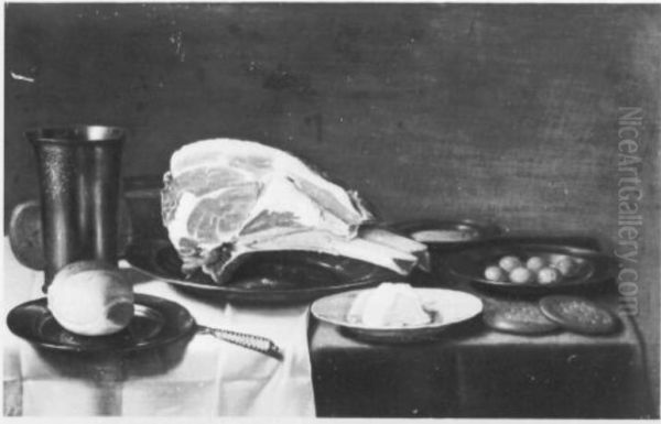Still life with bread, meat and olives Oil Painting by Floris van Schooten