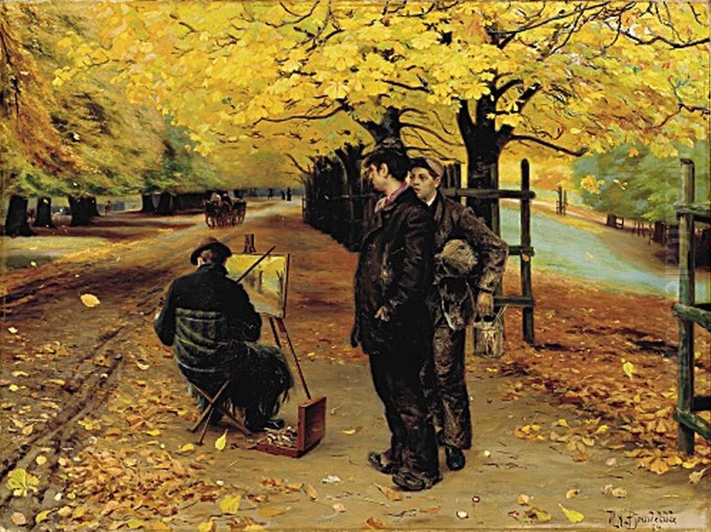 A painter at his easel on an autumn day in Dyrehaven, near Copenhagen. Oil Painting by H. A. Brendekilde