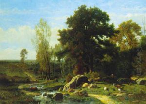 Bergere et son troupeau au bord du ruisseau