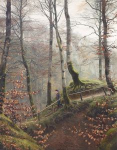 A boy walking through a Danish wood.