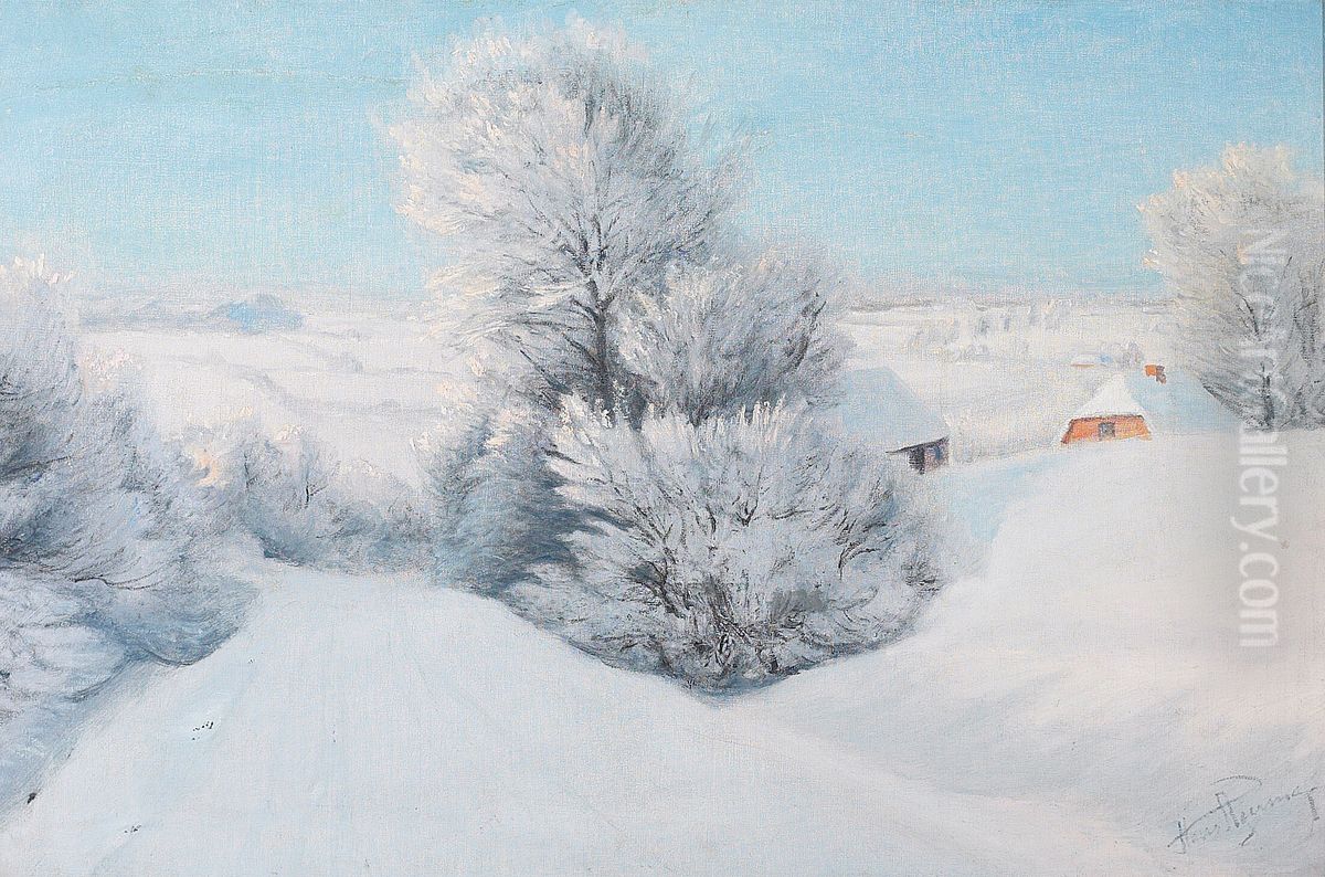 Winter landscape with a snow covered farm. Oil Painting by Hans Agersnap