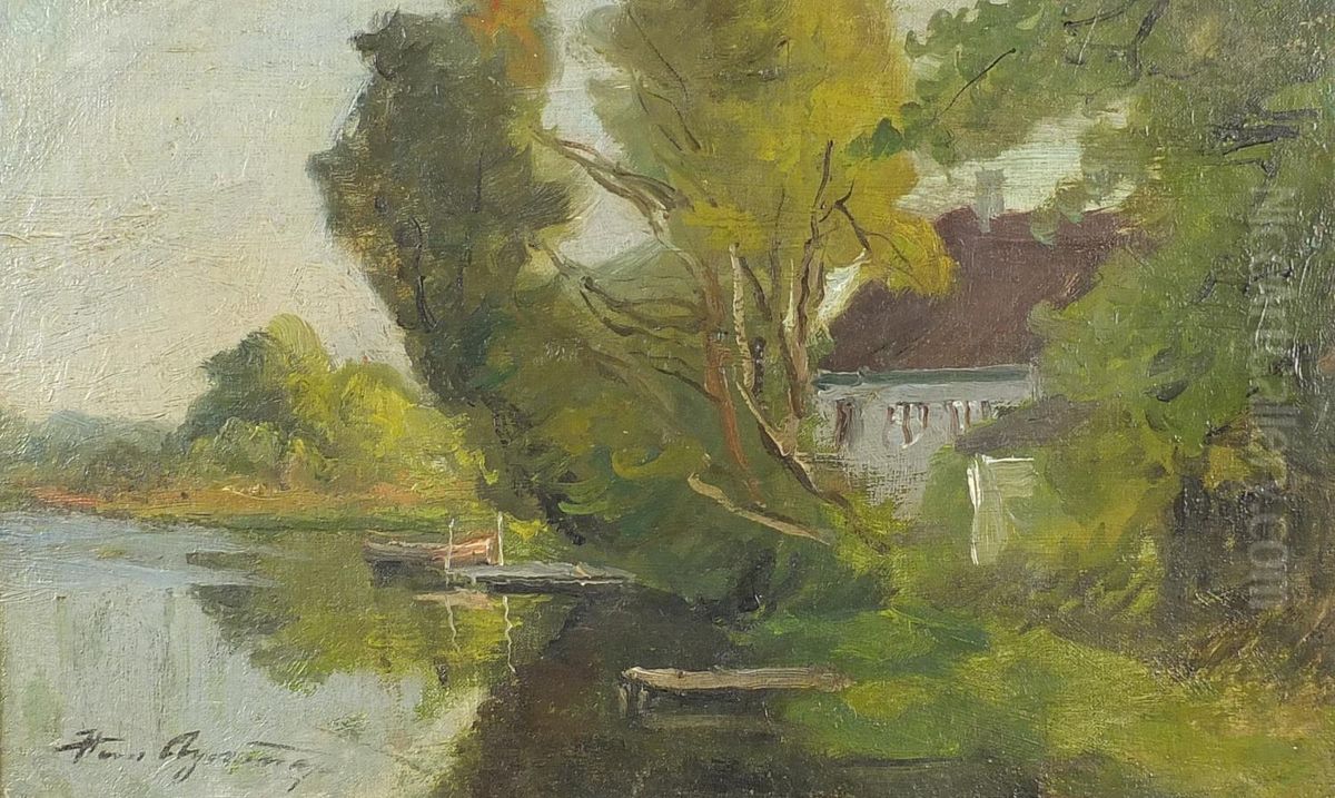 River landscape with a house. Oil Painting by Hans Agersnap
