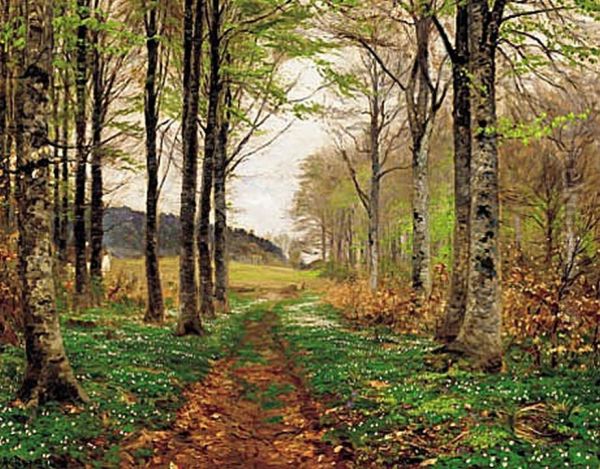 Anemones in a forest in springtime. Oil Painting by H. A. Brendekilde
