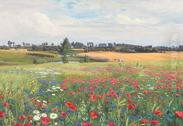 A meadow in bloom, with poppies, leucanthemum and cornflowers. Oil Painting by H. A. Brendekilde