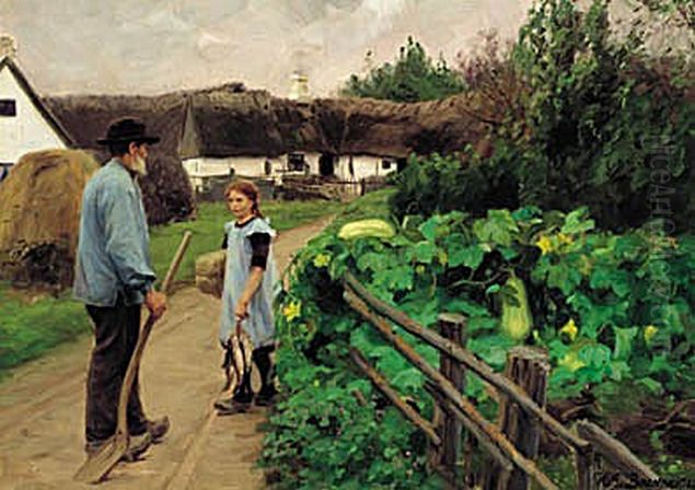 A man and a girl talking on a road. Oil Painting by H. A. Brendekilde