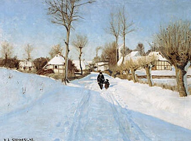 An old man and a little girl between thatched houses. Oil Painting by H. A. Brendekilde
