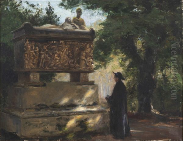 A catholic priest in front of a sarcophagus Oil Painting by H. A. Brendekilde