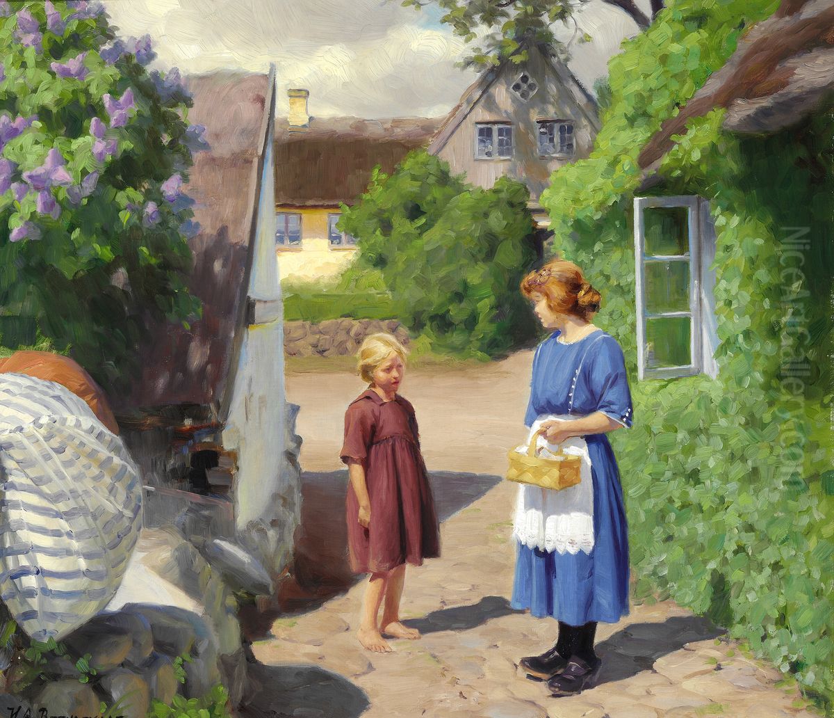 Summer day in Jyllinge. Lilacs in bloom and little girls in the village street Oil Painting by H. A. Brendekilde