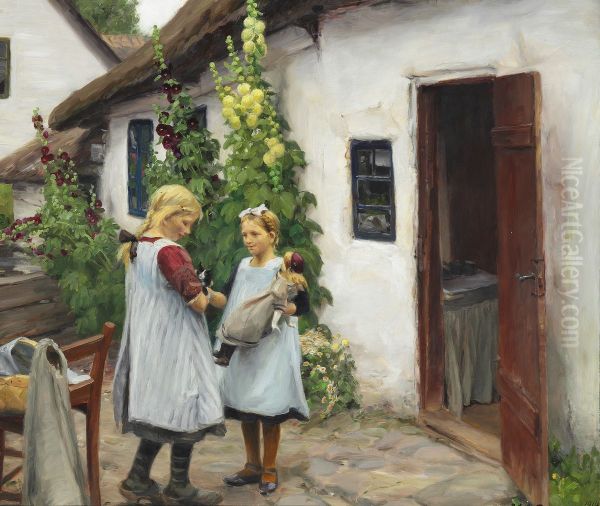 Have you seen my kitten? Oil Painting by H. A. Brendekilde