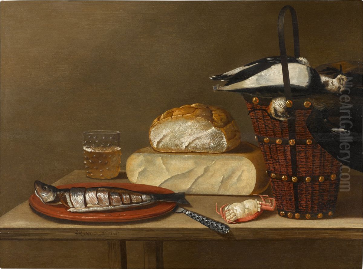 Still life with a herring, cheese, crab and songbirds Oil Painting by Johannes Kuveenis