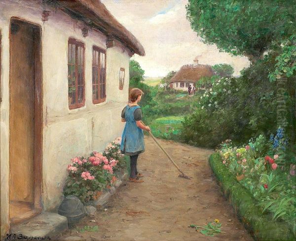 Late afternoon. What are those two old people talking about? Oil Painting by H. A. Brendekilde