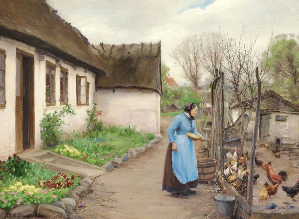 A woman feeding hens in front of a white chalked farmhouse on an autumn day. Oil Painting by H. A. Brendekilde
