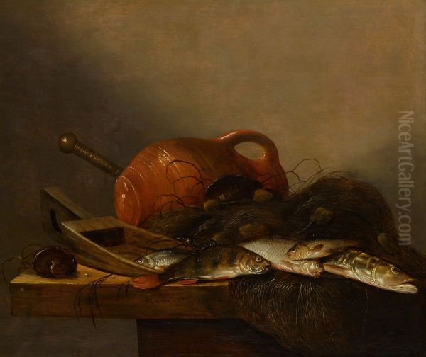 Still life with various fish, a shell, an earthenware jug, and fishnet Oil Painting by Johannes Kuveenis