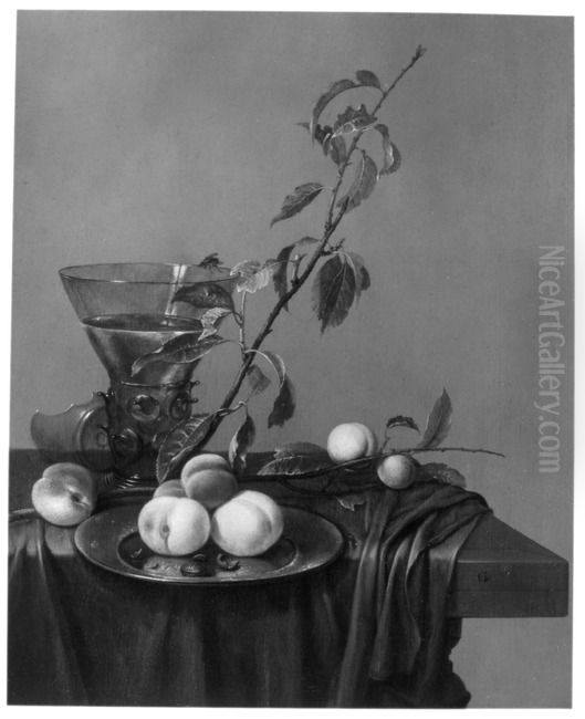 Still life with berkemeyer and peaches Oil Painting by Gerrit Van Vucht