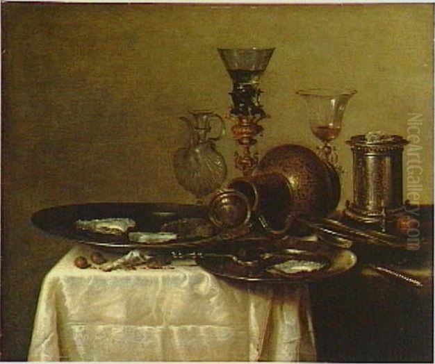Still life with goblet holder, fallen jug, wine glasses, perfume bottle and pewter dishes Oil Painting by Willem Claesz. Heda