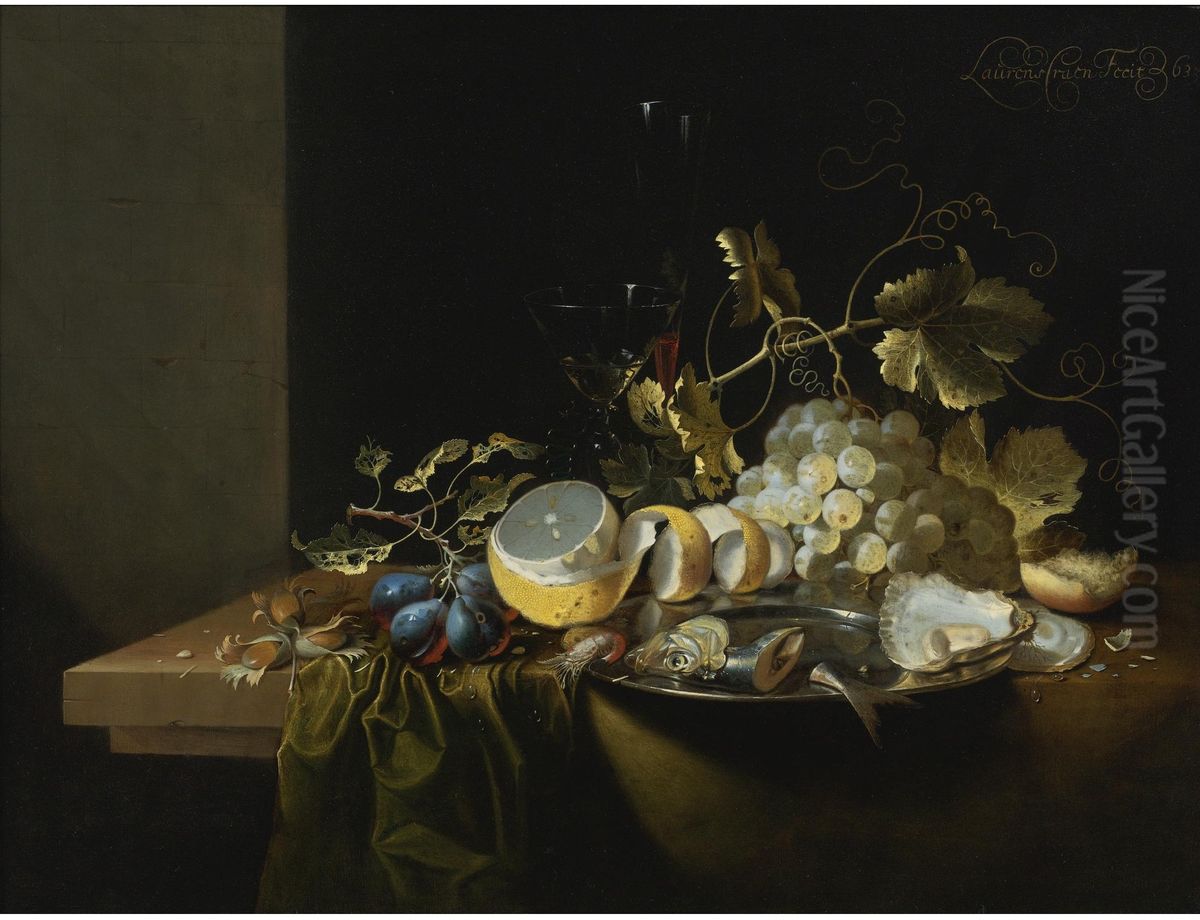 Still Life of Hazelnuts, Grapes, Oysters and Other Foods on a Draped Table Oil Painting by Laurens Craen