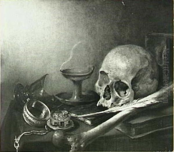 Vanitasstilleven met schedel, gebroken glas en horloge Oil Painting by Pieter Claesz