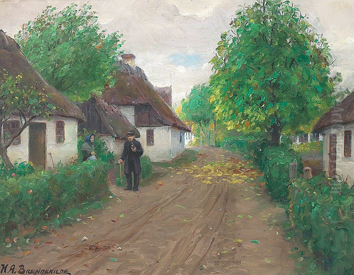 A village road with teo persons talking. Oil Painting by H. A. Brendekilde