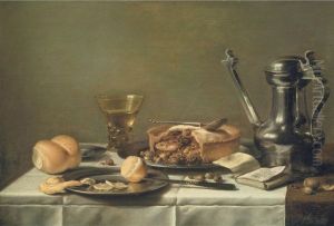 Still life with Jan Steen pitcher, pie, lemon, bread, and berkemeyer