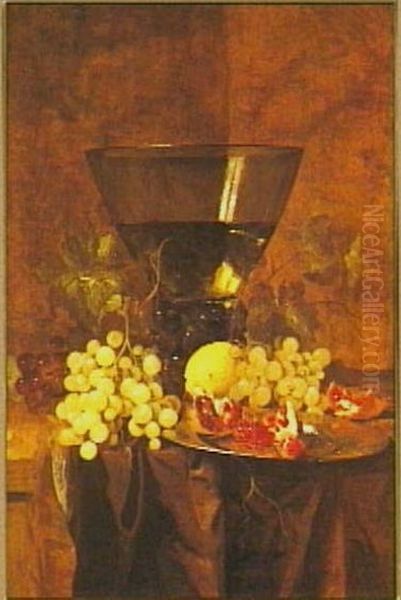 Stilleven met konische roemer, druiven, citroen en passievrucht op een tafel met donker (bruin) kleed Oil Painting by Jacques de Claeuw