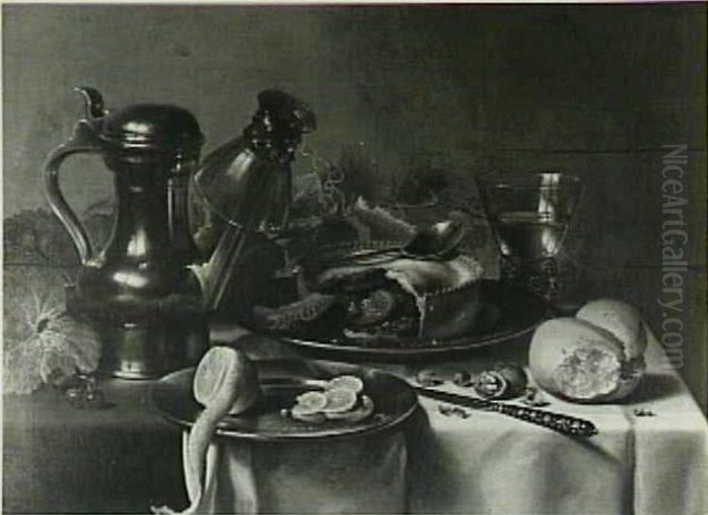 Stilleven met kan en roemer, brood en geschilde citroen en aangesneden pastei Oil Painting by Pieter Claesz