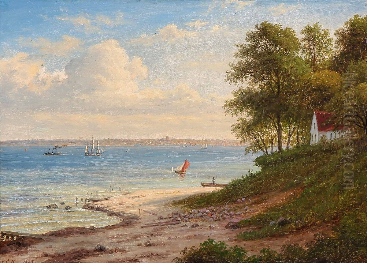 Summer day at Hellebaek at the coast of Oresund Oil Painting by F.C. Kiaerskou
