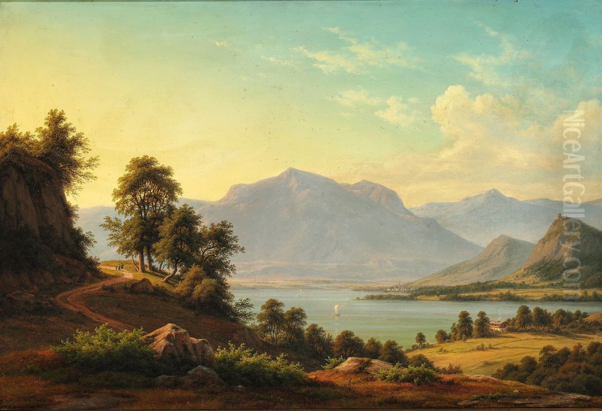 Alpine landscape with a river and tall mountains Oil Painting by F.C. Kiaerskou