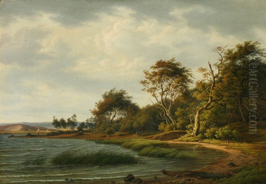 En stormfuld efteraarsdag ved Lang so i Jylland. Oil Painting by F.C. Kiaerskou