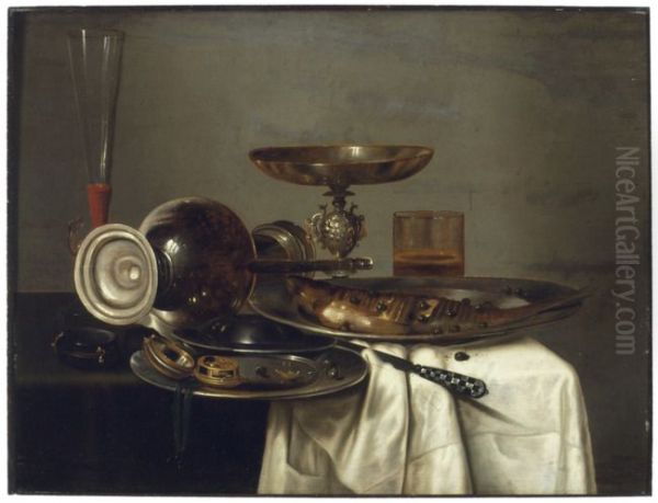 Stilleven met een omgevallen kan, tazza en een schotel met een gebakken vis Oil Painting by Cornelis Mahu