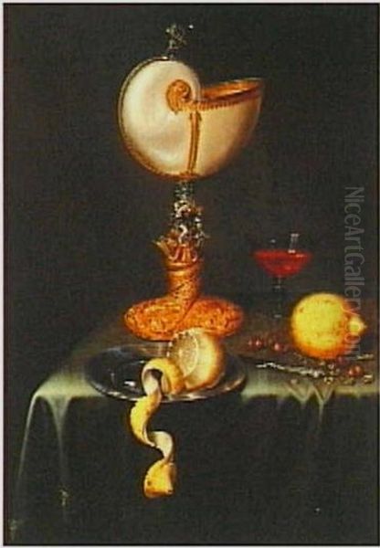 Stilleven met nautilusbeker, hazelnoten en citroenen op een donker kleed Oil Painting by Maerten Boelema De Stomme