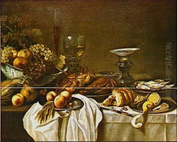 Stilleven met twee krabben op schotel, oesters, brood, geschilde citroen en vruchten Oil Painting by Pieter Claesz