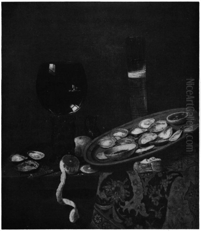 Still life with table carpet, passglass, roemer, lemon and oysters Oil Painting by Jan Jansz van de Velde