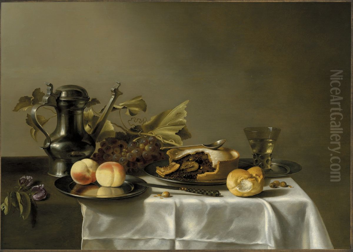 Still life with Jan Steen pitcher, peaches, pie, spoon, bread, and berkemeyer Oil Painting by Pieter Claesz