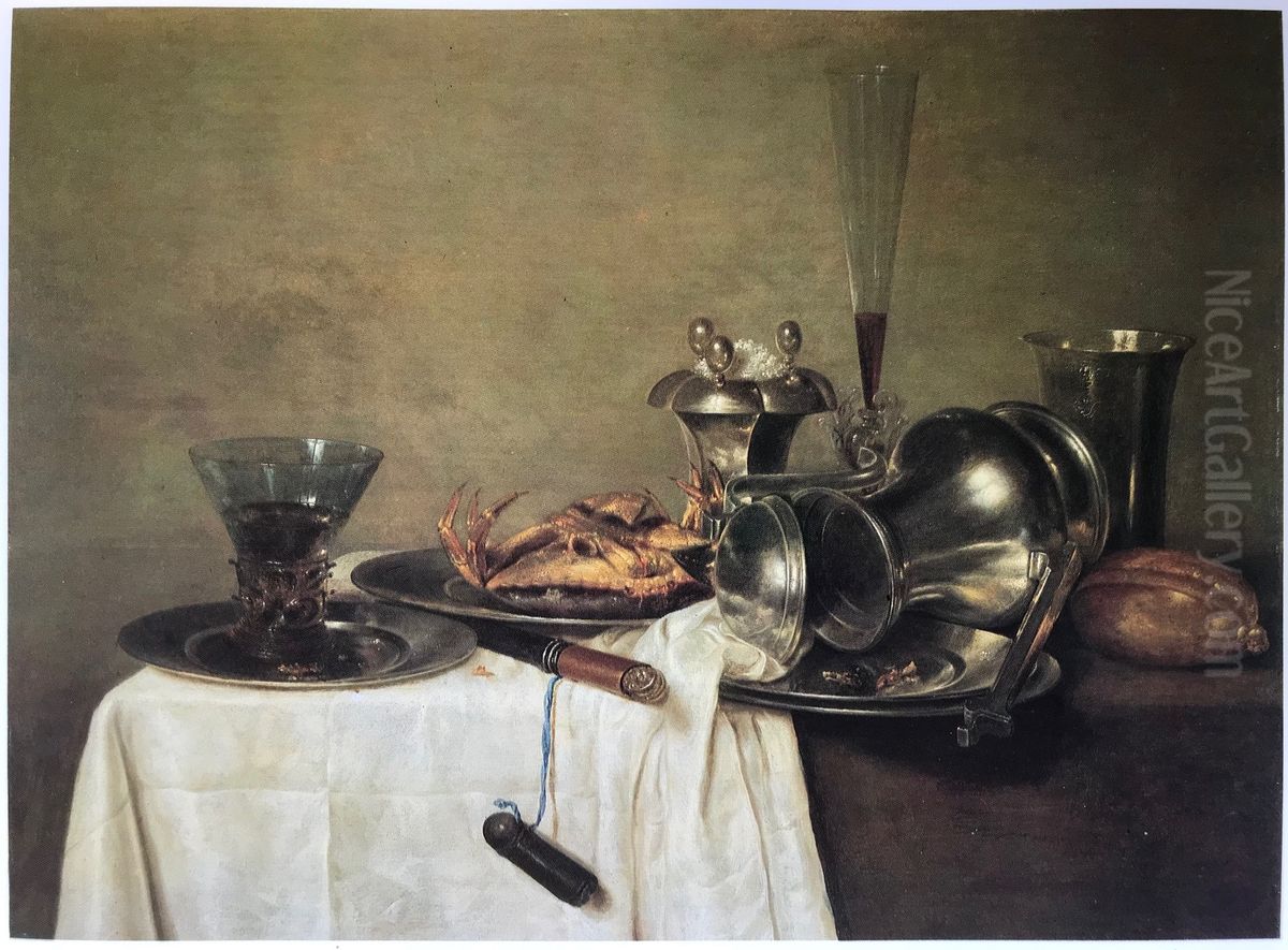 Still life with upturned Jan Steen pitcher, crab, and drinking vessels Oil Painting by Willem Claesz. Heda