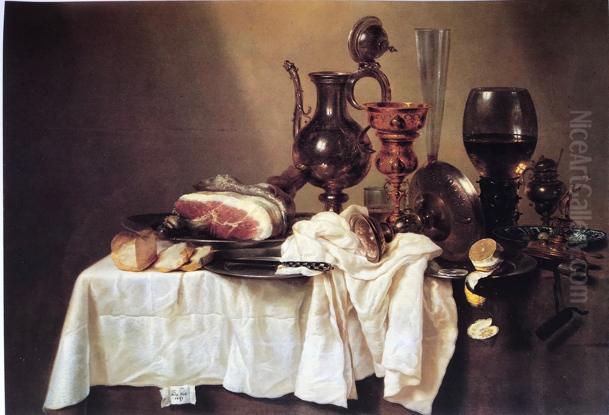 Still life with decanter and ham signed on the tablecloth Oil Painting by Willem Claesz. Heda Still life with decanter and ham signed on the tablecloth Oil Painting by Willem Claesz. Heda