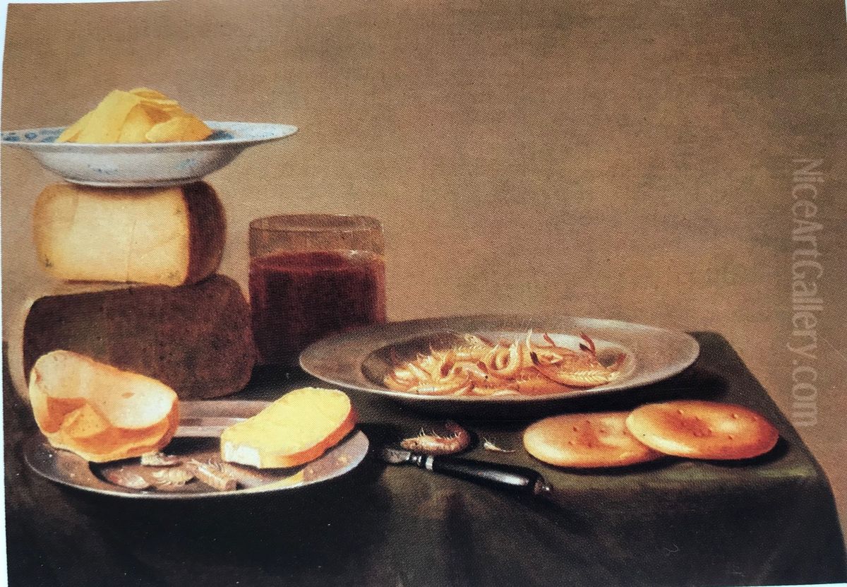 Still life of butter, cheese, bread, shrimp and biscuits Oil Painting by Floris van Schooten