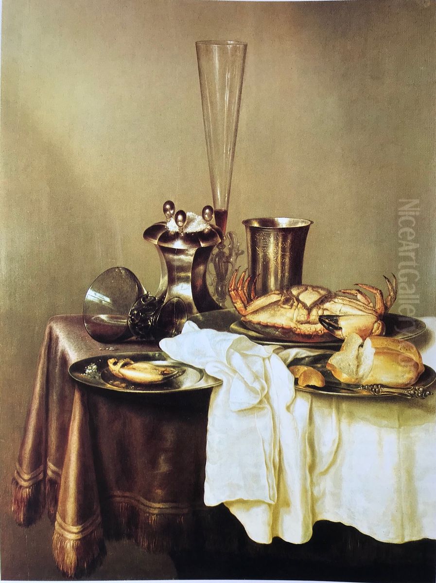 Crab still life with wine glass, salt cellar and silver chalice Oil Painting by Gerret Willemsz Heda