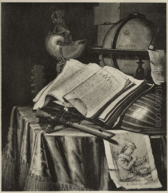 Still life with books, globe, musical instruments and a print on a table Oil Painting by Evert Collier