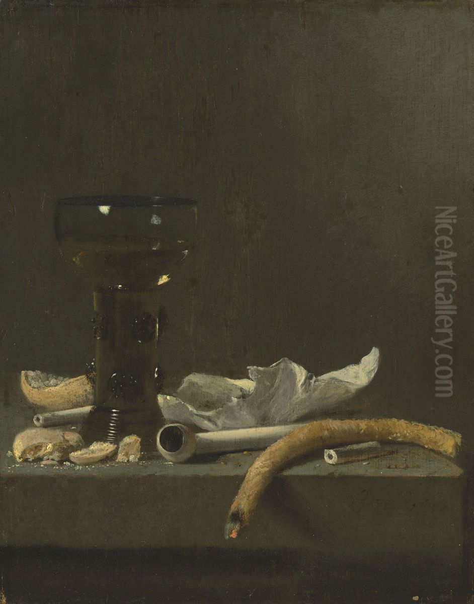 Still life with roemer, clay pipe and a lit taper on a ledge Oil Painting by Jan Fris