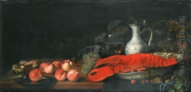 Stilleven met kreeft, porselein, perziken, druiven en schelpen Oil Painting by Abraham Van Calraet