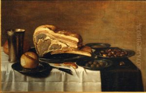 Breakfast with roast meat, bread, olives and chestnuts