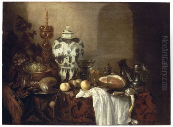 Stilleven met chinese vaas, zilveren bokaal en nautilusbeker op oosters kleed en wit dek Oil Painting by Cornelis Kruys