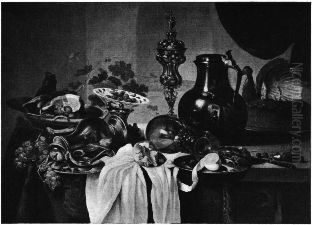 Still life with porcelain and pewter vessels on a draped table before a niche Oil Painting by Cornelis Kruys