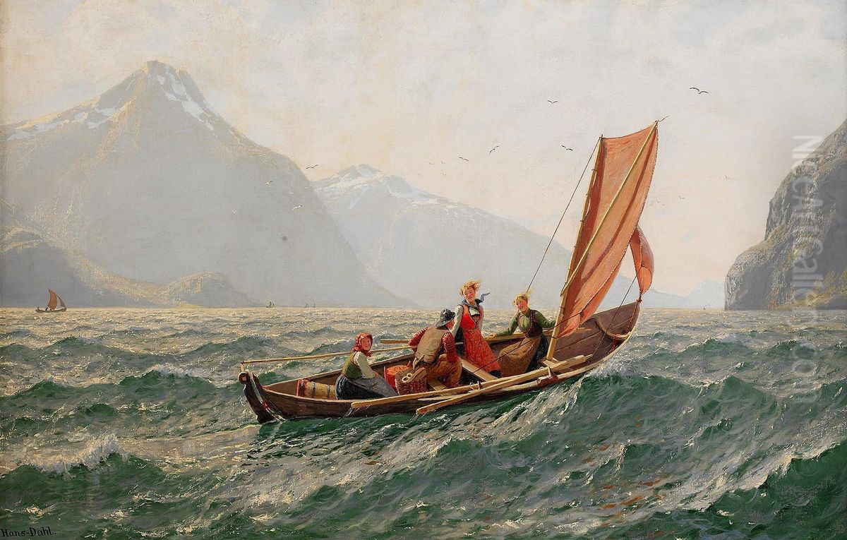 Fjord with sailing boat Oil Painting by Hans Dahl Fjord with sailing boat Oil Painting by Hans Dahl