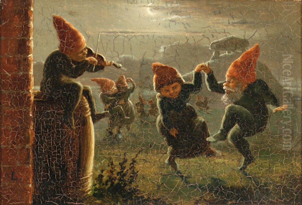 Moonlit landscape with dancing nisser. Oil Painting by Hans Christian Ley