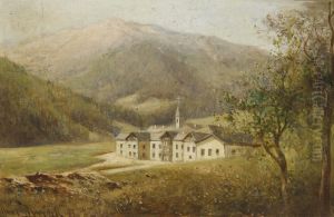 Gebaudekomplex mit Kirche in Landschaft