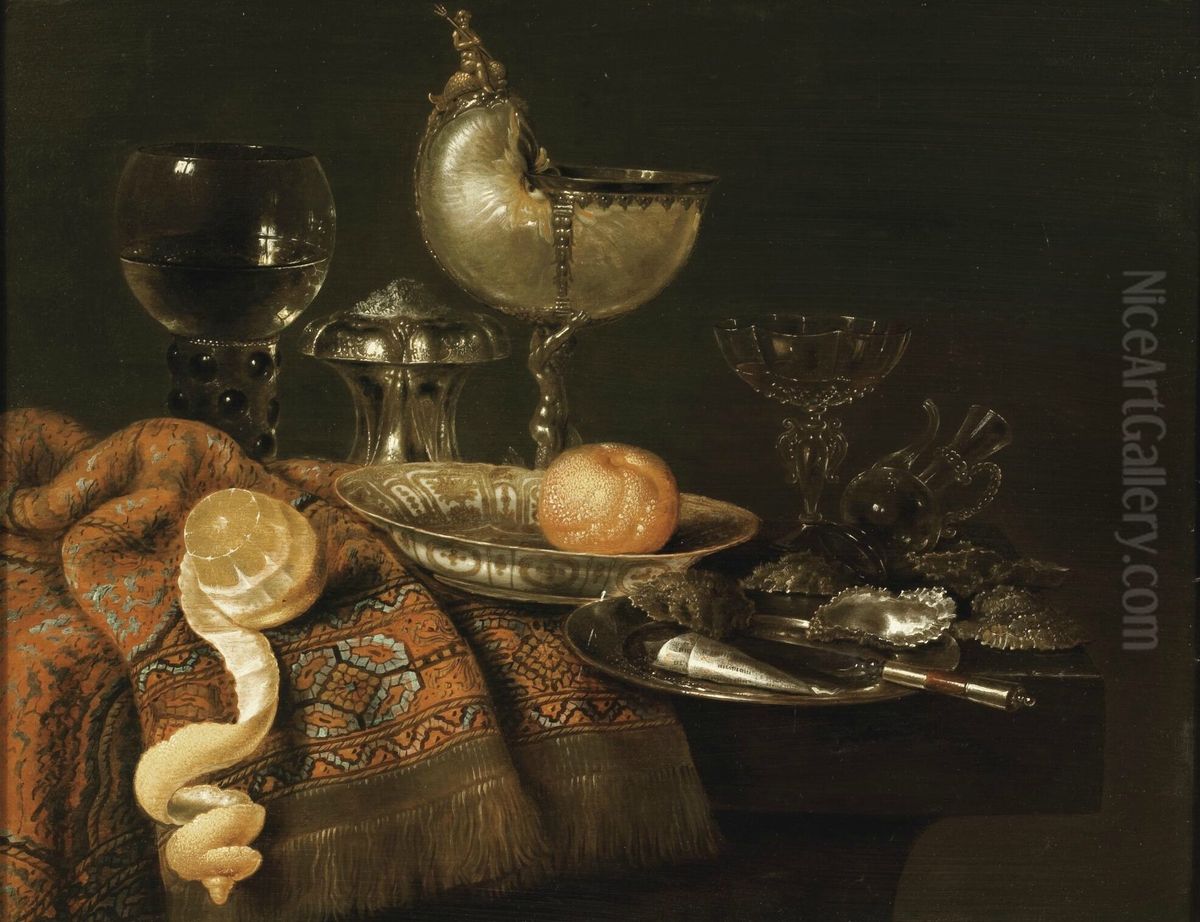 Still life with nautilus cup, salt cellar, roemer, facon de Venise glass and table carpet Oil Painting by Willem Claesz. Heda
