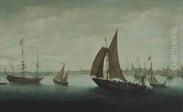 Two Ferries leaving Hoorn Harbour Oil Painting by Hans Goderis