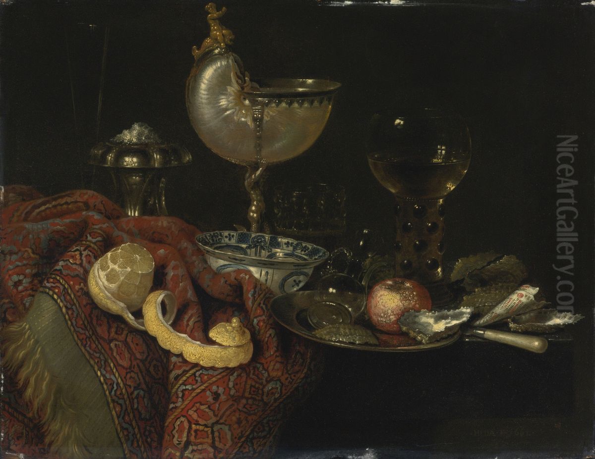 Still life of oysters, a nautilus cup, a roemer, lemon and other objects Oil Painting by Willem Claesz. Heda